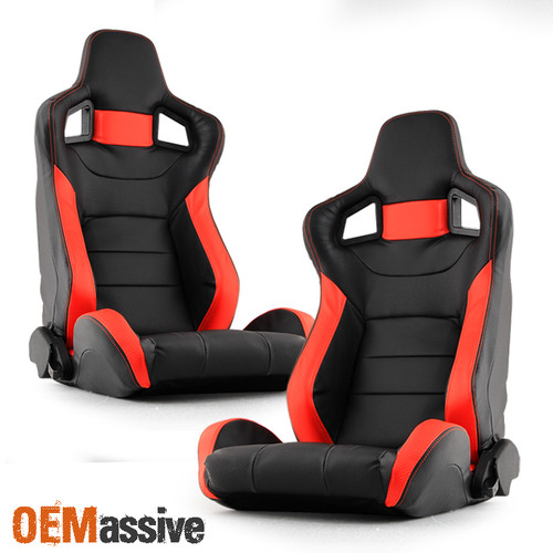 For Black/Red Carbon Style PU Leather Reclinable Racing Seat Pair Set L+R w/Slider