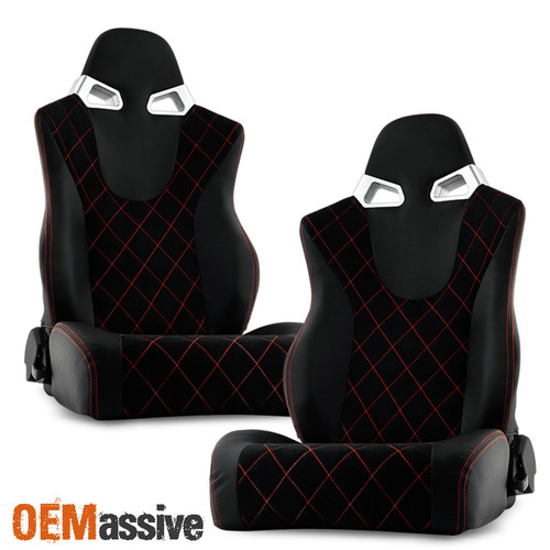 Red Stitches Style Suede/PU Leather Reclinable Racing Seat Pair Set L+R w/Slider