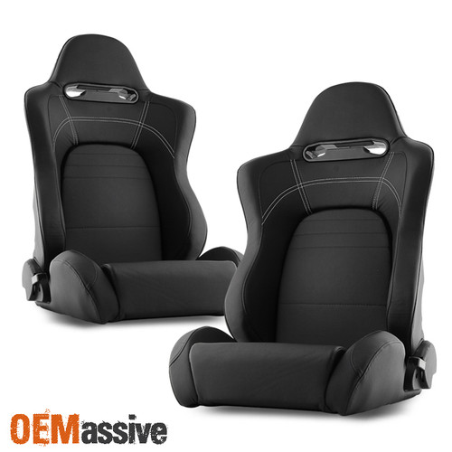 White Stitches Style Black PU Leather Reclinable Racing Seat Pair L+R w/Slider