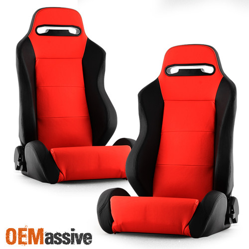 For Red x Black PU Leather Style Reclinable Racing Seat Pair Left + Right w/Slider