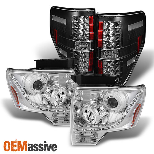 Fit 09-14 F150 F-150 Halo Projector DRL LED Headlights +Black LED Tail Lights