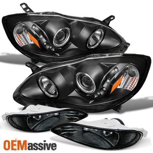 Fits Black 05-08 Corolla Halo Projector LED Headlights+Smoke Fog Lights W/Switch