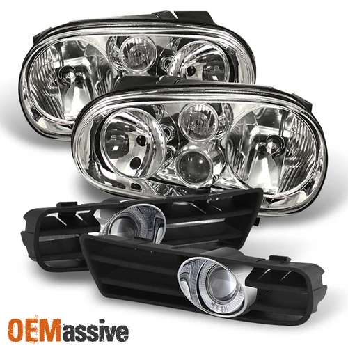 Fits 99-06 Vw Golf Mk4 GTi Clear Headlights+ Halo Projector Fog Lights W/Switch