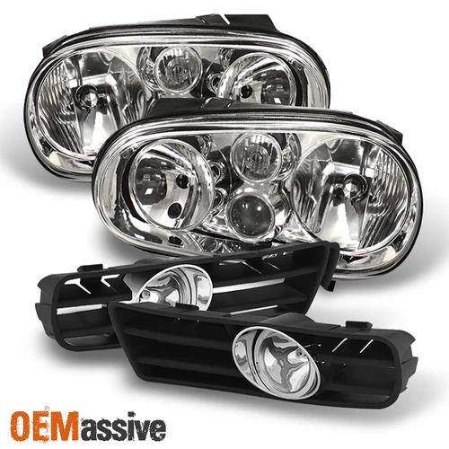 Fits 99-06 Golf Mk4 GTi Clear Crystal Headlights+Clear Fog Lights W/Switch+Bulbs