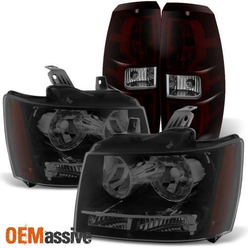 Fit 2007-2013 Chevy Avalanche Black Smoked Headlights+Dark Red Tail Lights Lamps