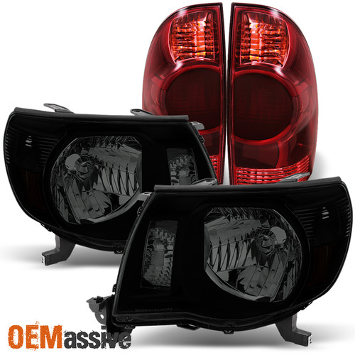 Fits 05-08 Toyota Tacoma Black Smoked Headlights Replacement+Dark Red Tail Light