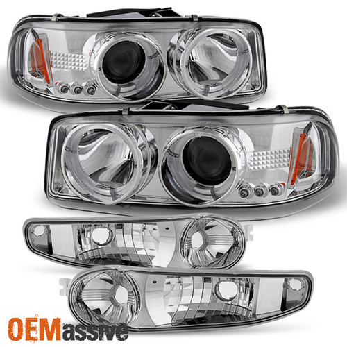 Fits 01-06 Sierra Yukon XL Denali Chrome Halo LED Headlights+Bumper Signal Light