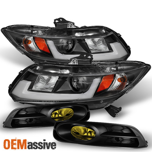 For Black 12-13 Civic 2Dr Tube DRL LED Projector Headlights+Yellow Fog Lights