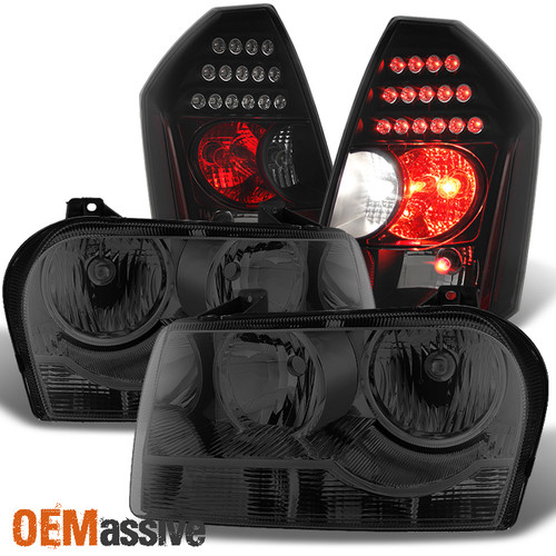 Fit 2005-2007 Chrysler 300 Halogen Black Smoked Headlights + LED Taillights Pair