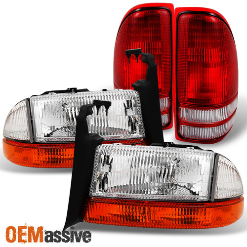 Fit 97-04 Dakota 98-03 Durango Textured Headlights w/Corner +Red Clear Tail Lamp