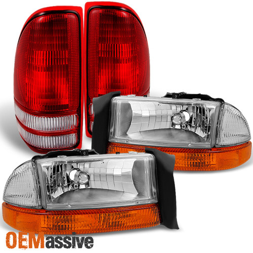 Fit 97-04 Dodge Dakota Clear Headlights Replacement + Red Clear Tail Lights