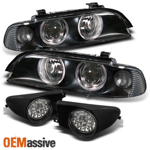 Fits 97-00 E39 5-Series Dual Halo Projector Headlights+Full LED Fog Lamp+Switch