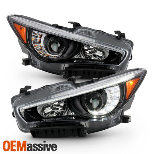 For 2014-2022 InFiniti Q50 w/o AFS LED Projector Black Headlight Pair Left+Right