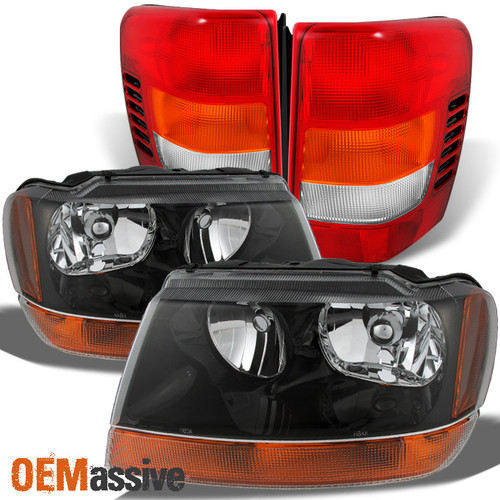 Fit 99-04 Grand Cherokee Black Amber Headlights + Red Tail Lights Replacement