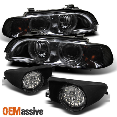 Fits Smoked 97-00 E39 5-Series Halo Projector Headlights+LED Fog Lights W/Switch