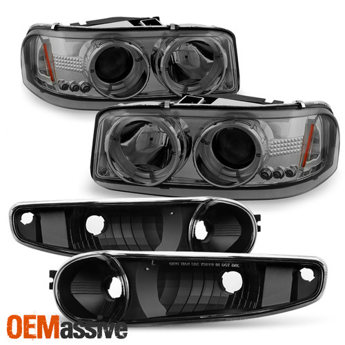Fits 01-06 Sierra Yukon XL Denali Smoked LED Headlights+Black Bumper Signal Lamp