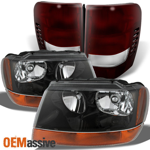 Fits 99-04 Grand Cherokee Black Amber Headlights + Dark Red Tail Lights Pair Set
