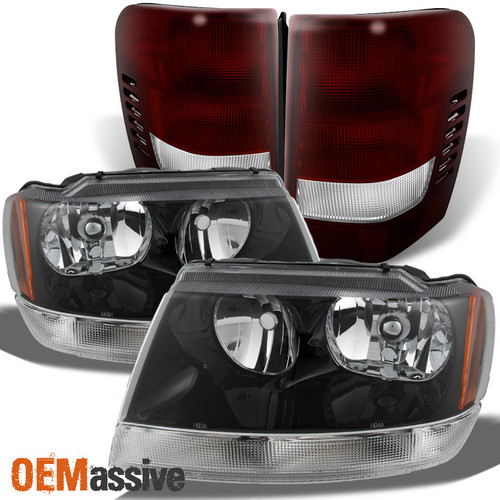 Fit 99-04 Jeep Grand Cherokee Black Headlights +Dark Red Tail Lights Replacement