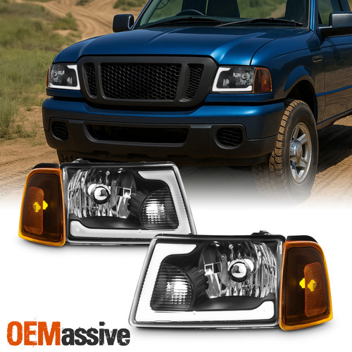 For 2001-2011 Ford Ranger Black Housing Headlights Headlamp Pair w/ LED Tube DRL