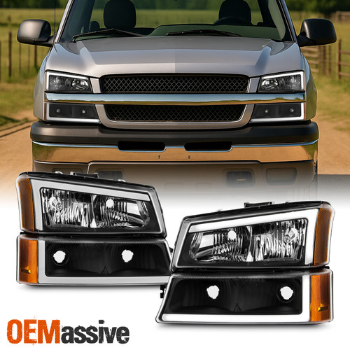 For 2003-2006 Chevy Silverado 1500HD / 2500HD / 3500 Black Headlights+LED Bumper