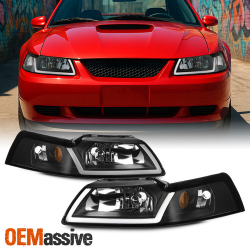 For 1999-2004 Ford Mustang Halogen Headlights w/LED DRL Black Headlamp Assembly