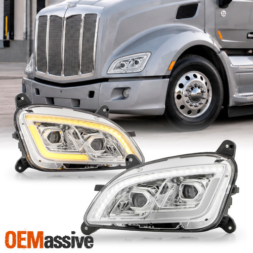For 2011-2021 Peterbilt 579 587 Dual Projector Headlight w/DRL Sequential Chrome