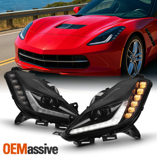 For 2014-2019 Chevy Corvette HID/Xenon Type Black Headlights Pair w/LED Signal
