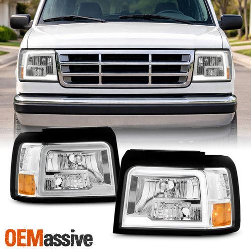 For 1992-1996 Ford Bronco Headlights w/ LED Bar Headlamp Chrome Housing Assembly