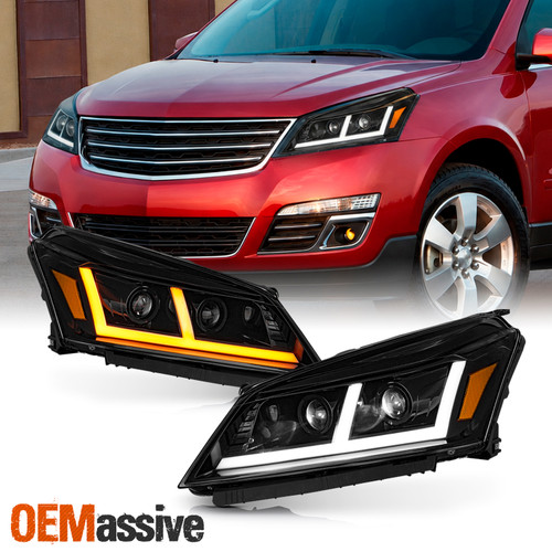 For 2013-2017 Chevy Traverse Full LED Projector Black Headlights Pair w/ DRL Bar