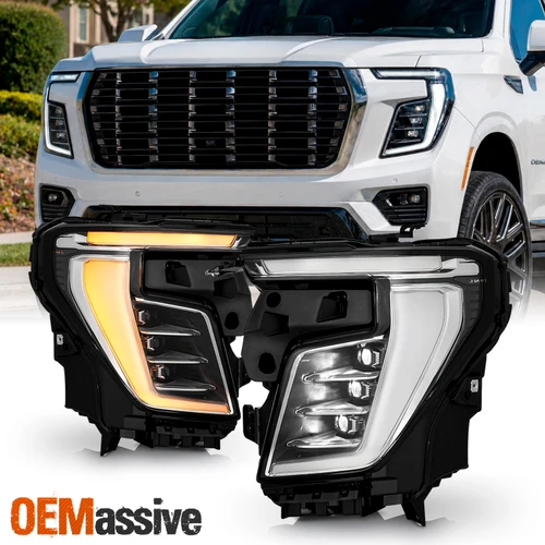 For 2025-2026 GMC Yukon XL Denali FULL LED DRL Projector Black Headlights Pair