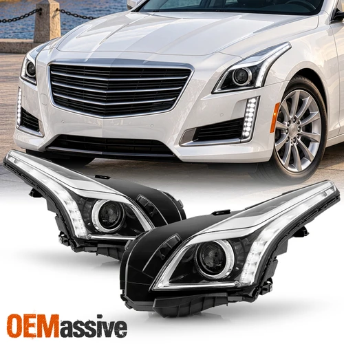 For 2014-2019 Cadillac CTS Base Halogen Projector Headlights Pair w/ LED Bar DRL