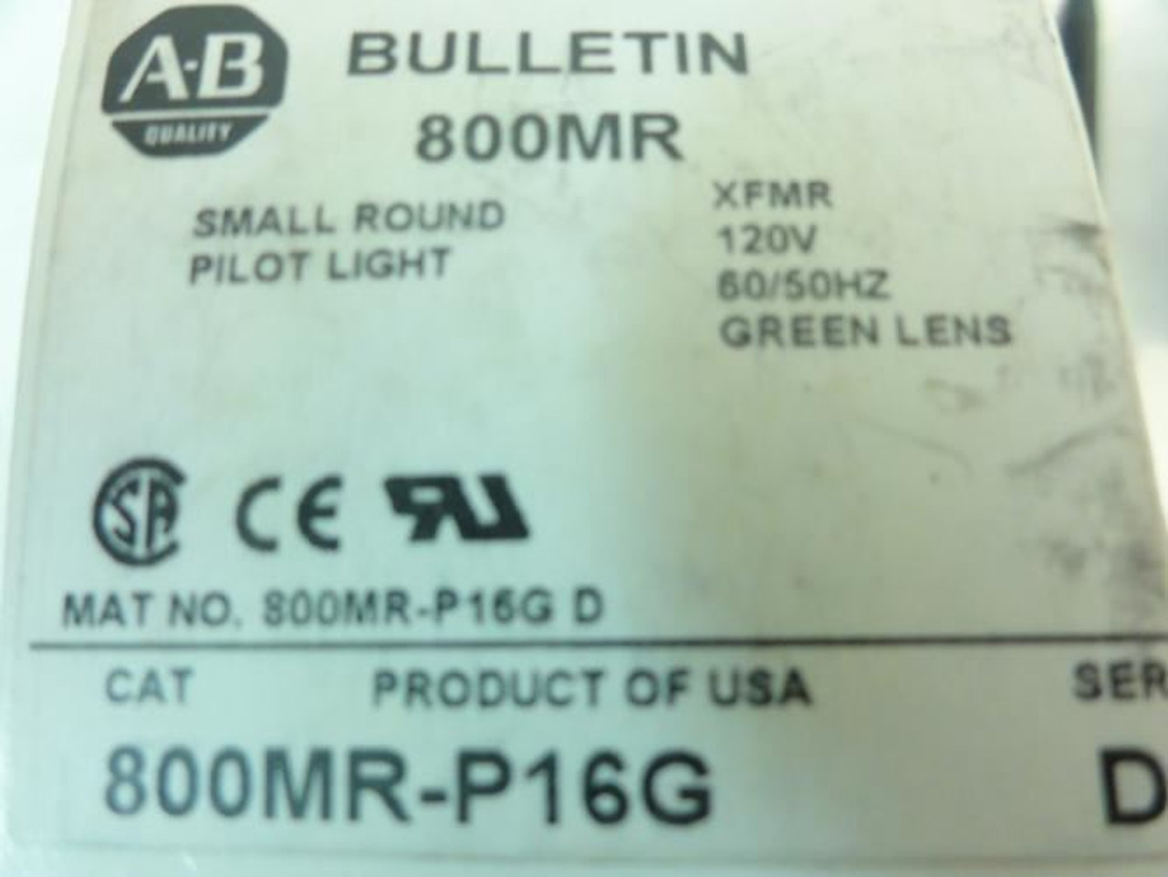 Allen-Bradley 800MR-P16G, Pilot Light, 120V, XFMR, Green Lens