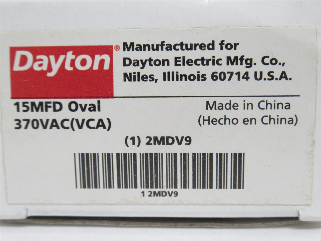 Dayton 2MDV9; Motor Run Capacitor; 15uF +/- 5%; 370VAC; Oval