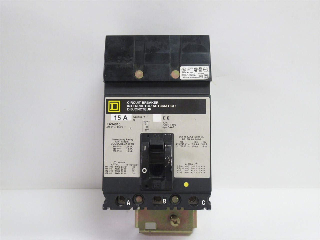 Square D FA34015; Circuit Breaker; 15A; 480V; 3P; FA Series