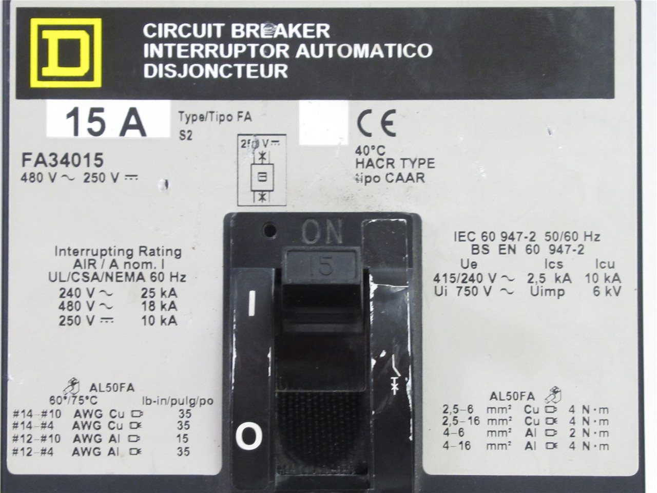Square D FA34015; Circuit Breaker; 15A; 480V; 3P; FA Series