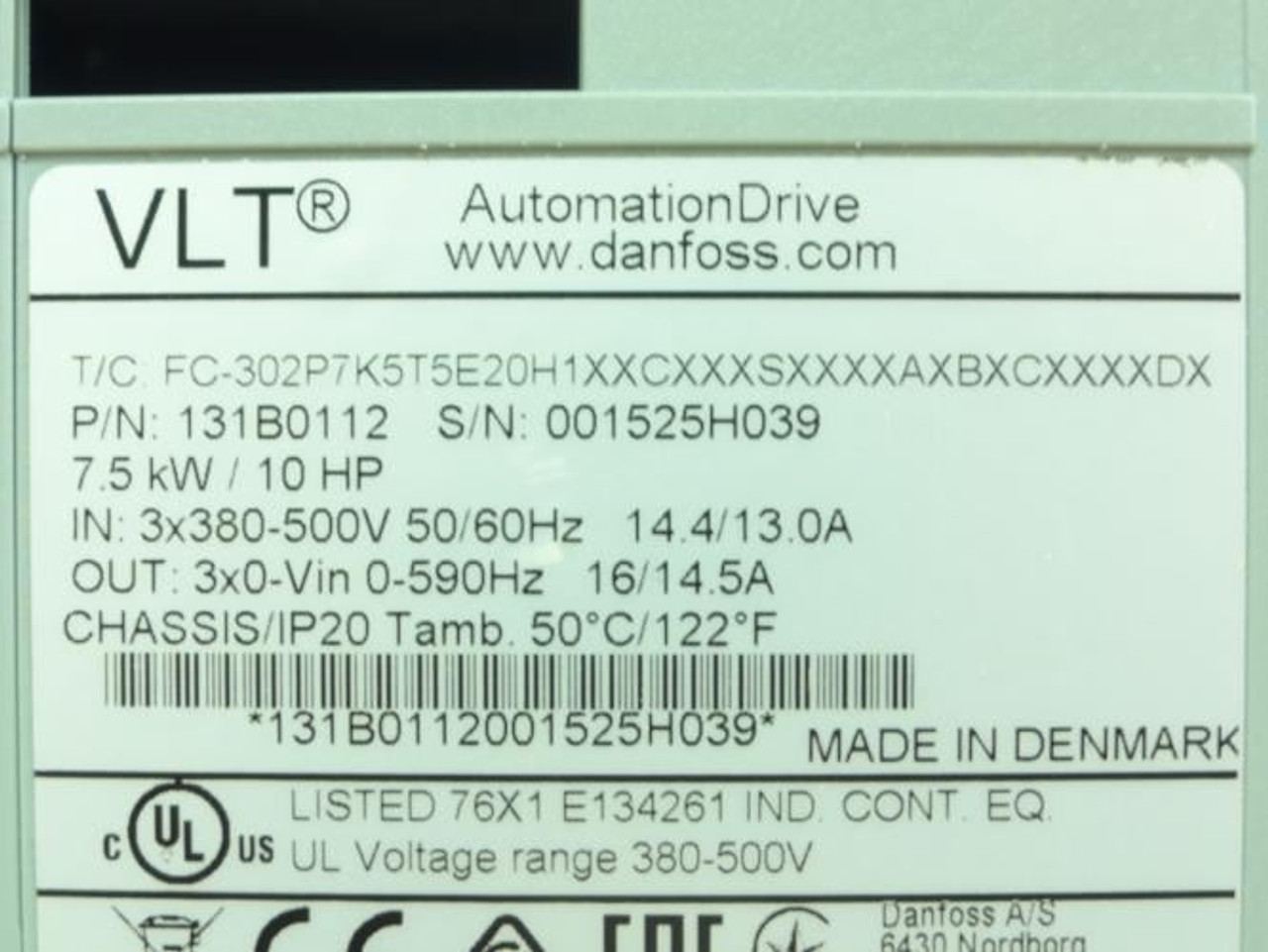 Danfoss 131B0112; VLT Automation Drive; 10HP/7.5Kw; 380-500VAC