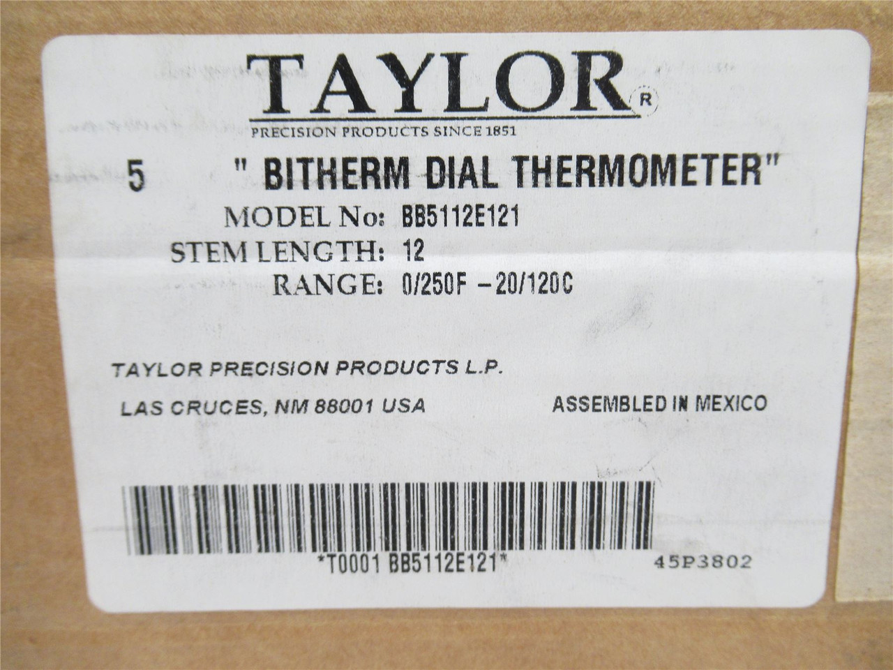 Taylor BB5112E121; Bi-Metal Thermometer; 0-250Deg F