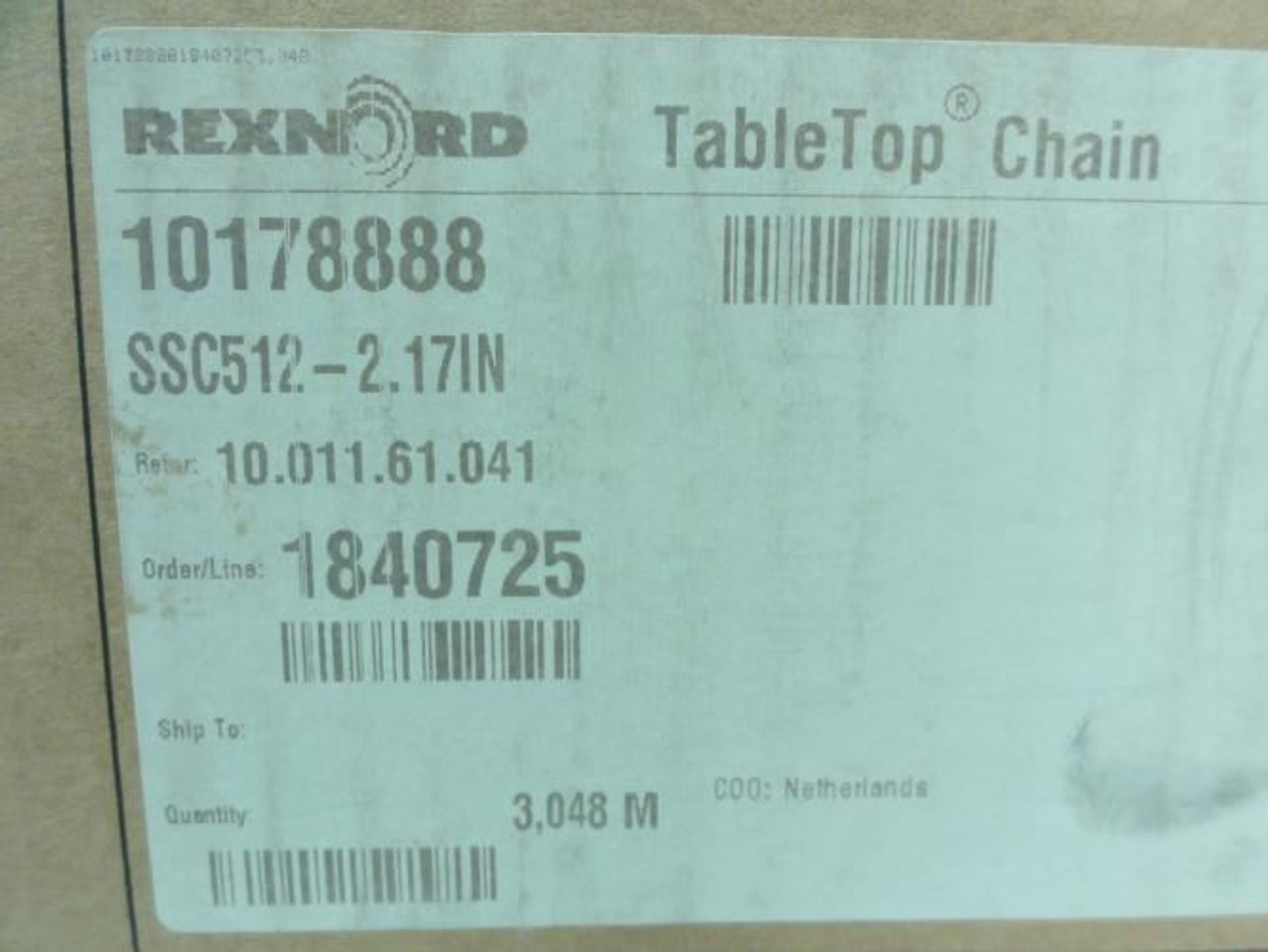 Rexnord 10178888; TableTop Chain; 2.17" Width; 10FT Length