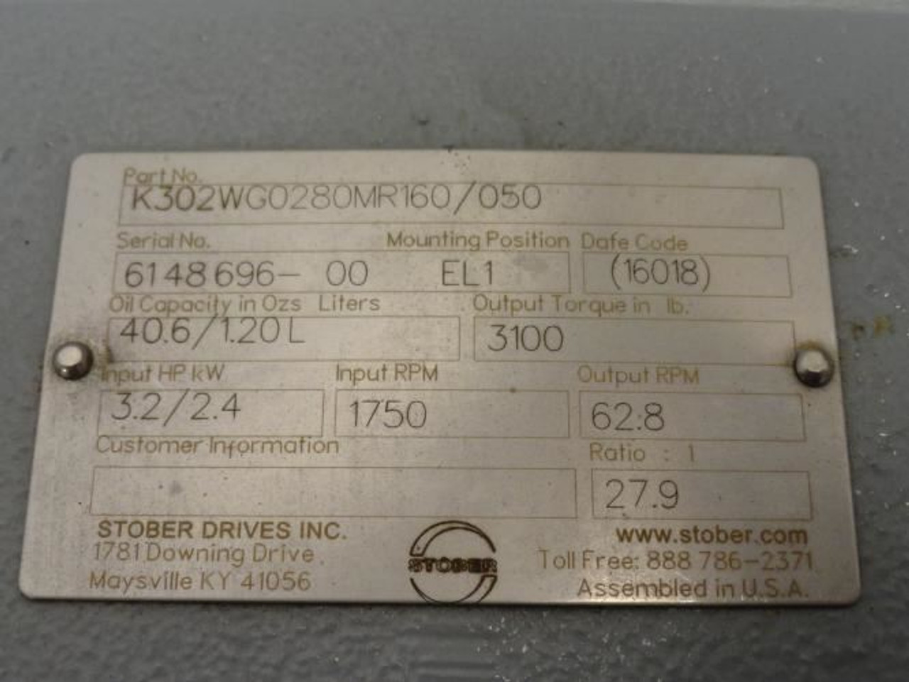 Stober K302WG0280MR160/050; Gear Speed Reducer 27.9/1 Ratio