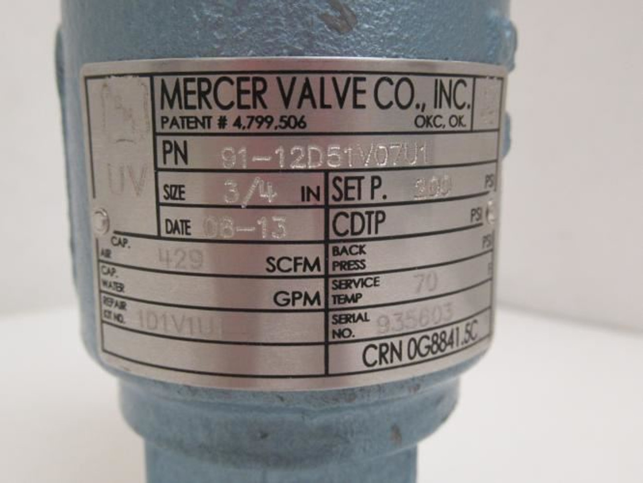 Mercer Valve 12D51V07U1; Safety Valve; Ser: 9100; 3/4 x 1Npt