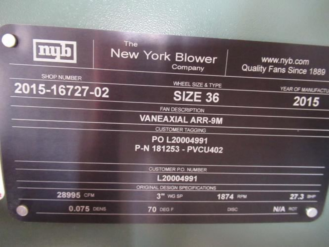 NYB P-N181253-PVCU402; Blower Assy Size 36; 28995CFM; 36" ID