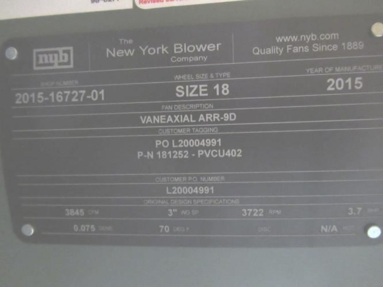 NYB 181252-PVCU402; Blower Assy Size 18; 3845CFM; 18" ID