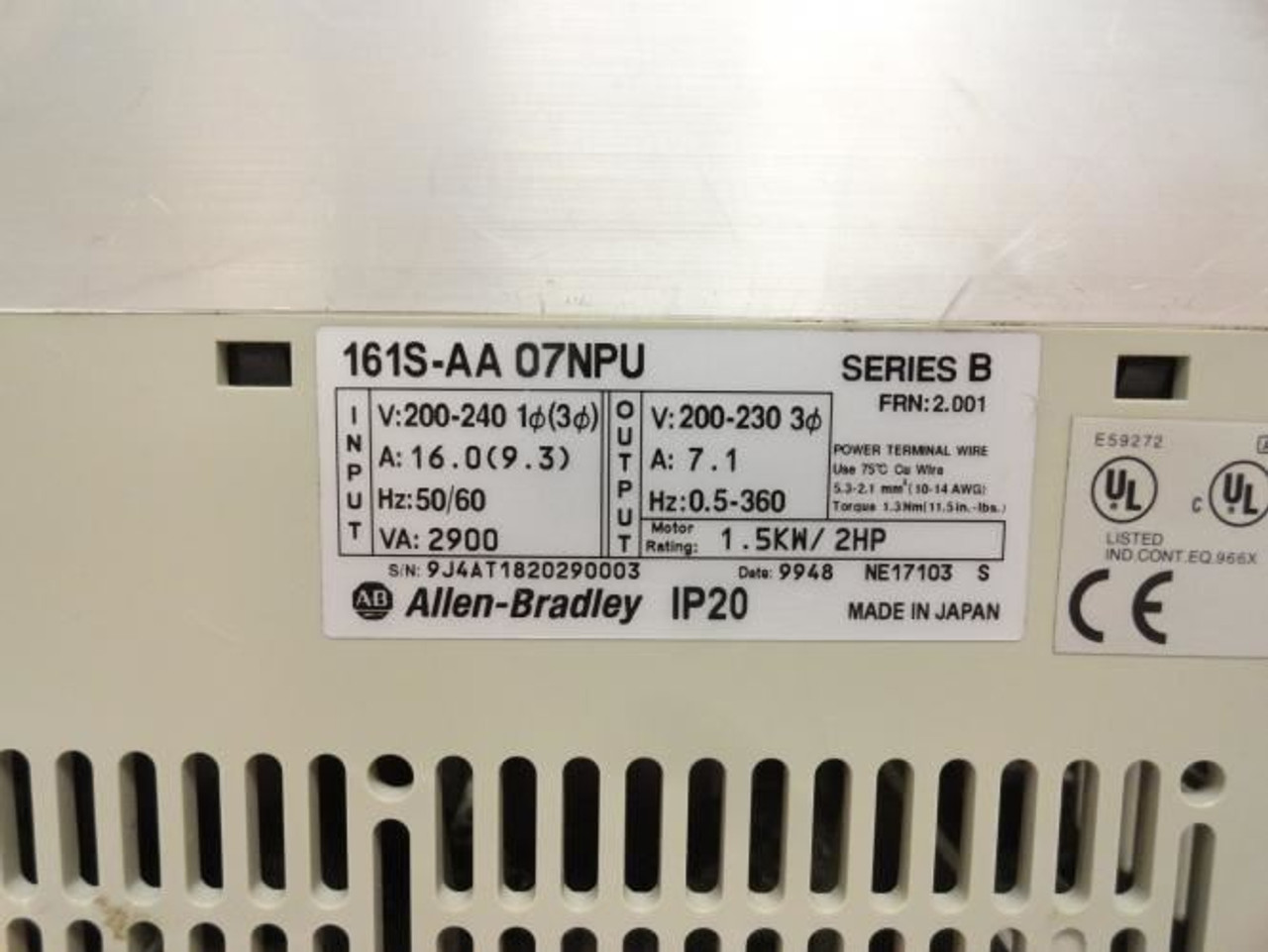 Allen-Bradley 161S-AA07NPU; AC Drive; 2HP 200-240Vin 3Ph