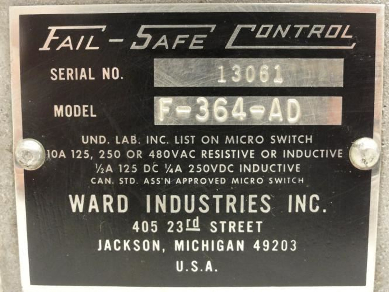 Ward Industries F-364-AD; Fail Safe Control; 10A; 125/250/480VAC