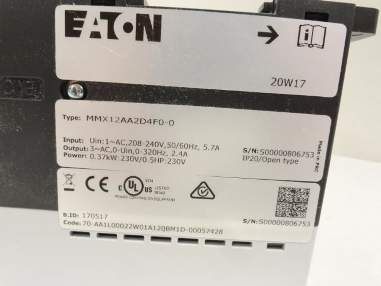 Eaton MMX12AA2D4F0-2; AC Drive 1/2Hp 1PH IN - 3PH Out