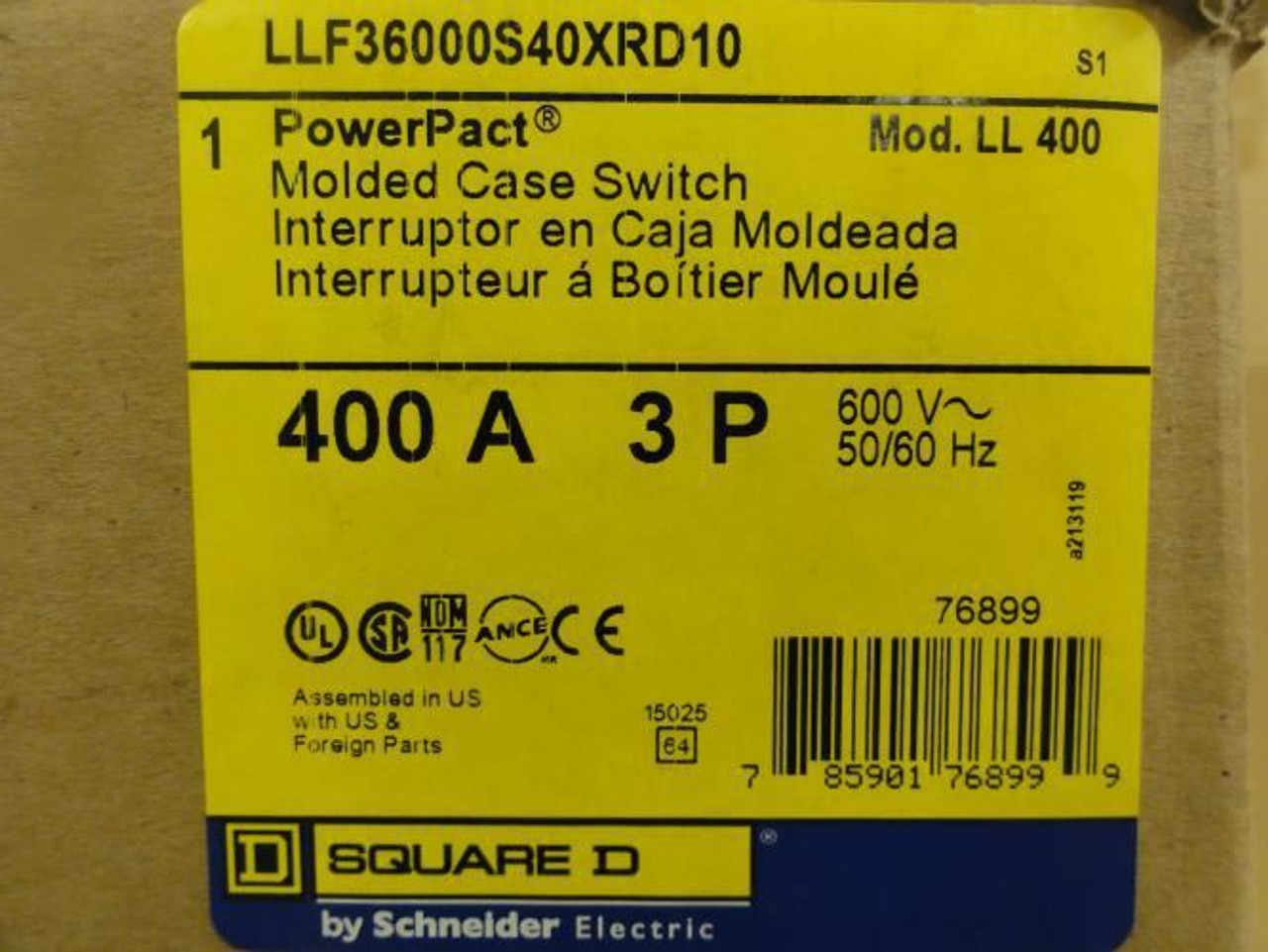Square D LLF36000S40XRD10; Circuit Breaker; 400A; 3P; 600Vac