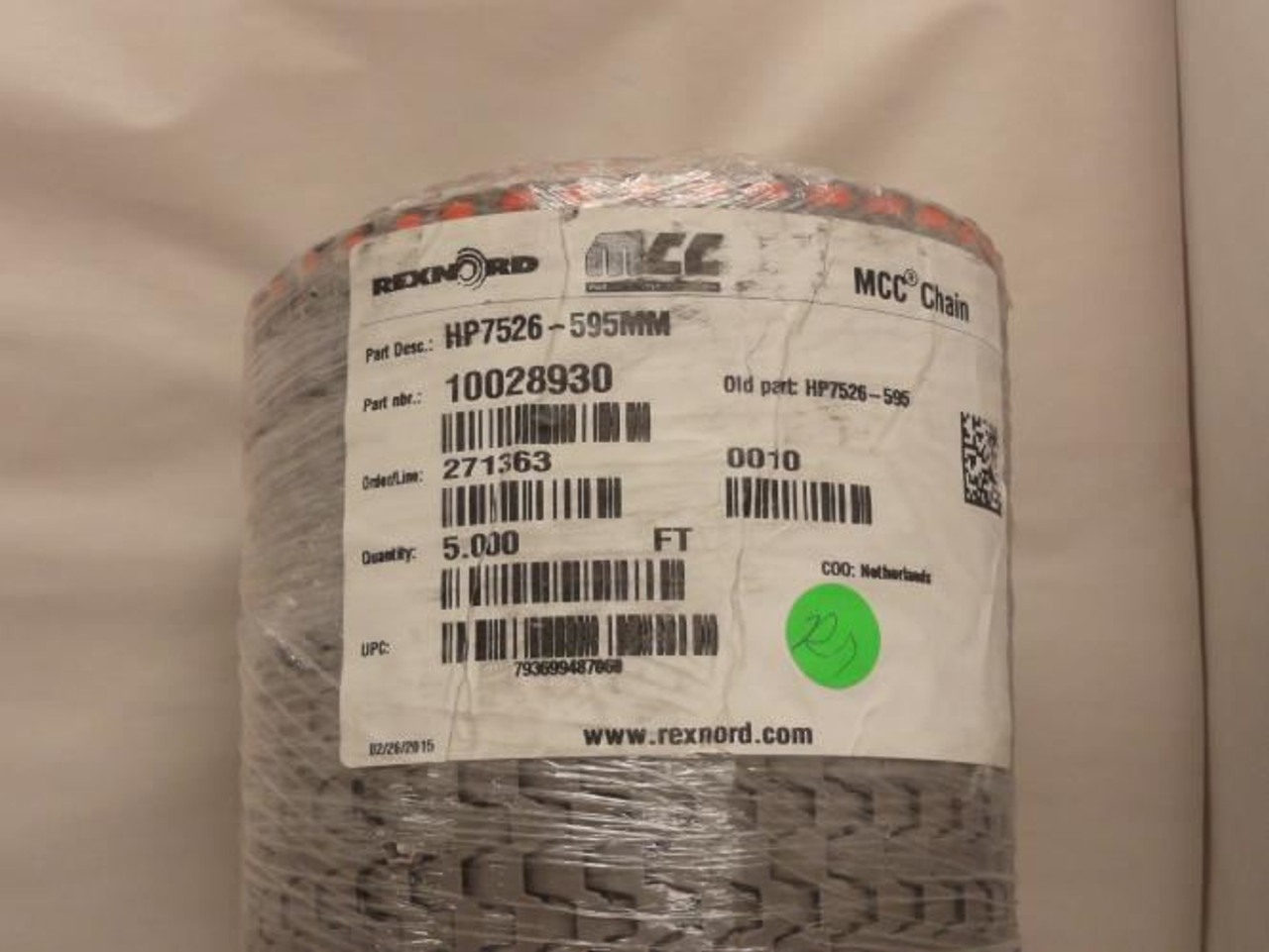 Rexnord HP7526-595MM; Flat Top Conveyor Chain 595mm Wide
