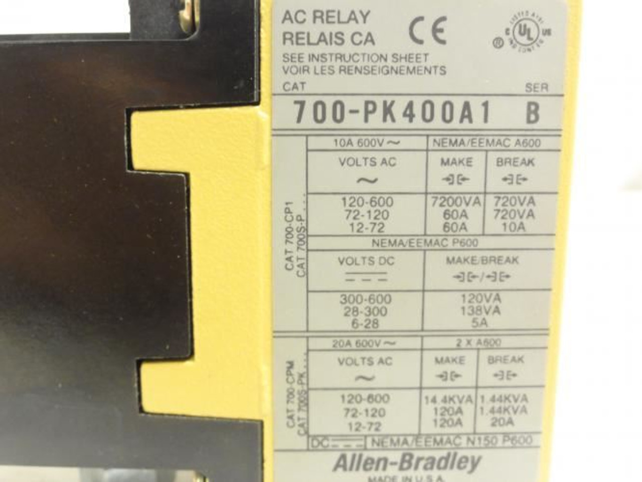Allen-Bradley 700-PK400A1; Industrial Relay; 20A; 600VAC; 4-NO