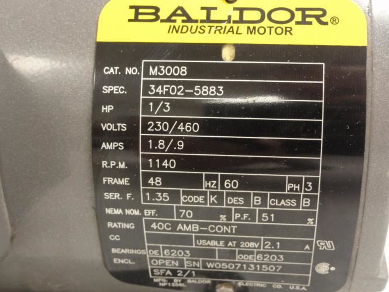 Baldor M3008; AC Motor; 1/3Hp; 230/460V; 1140Rpm; 3PH