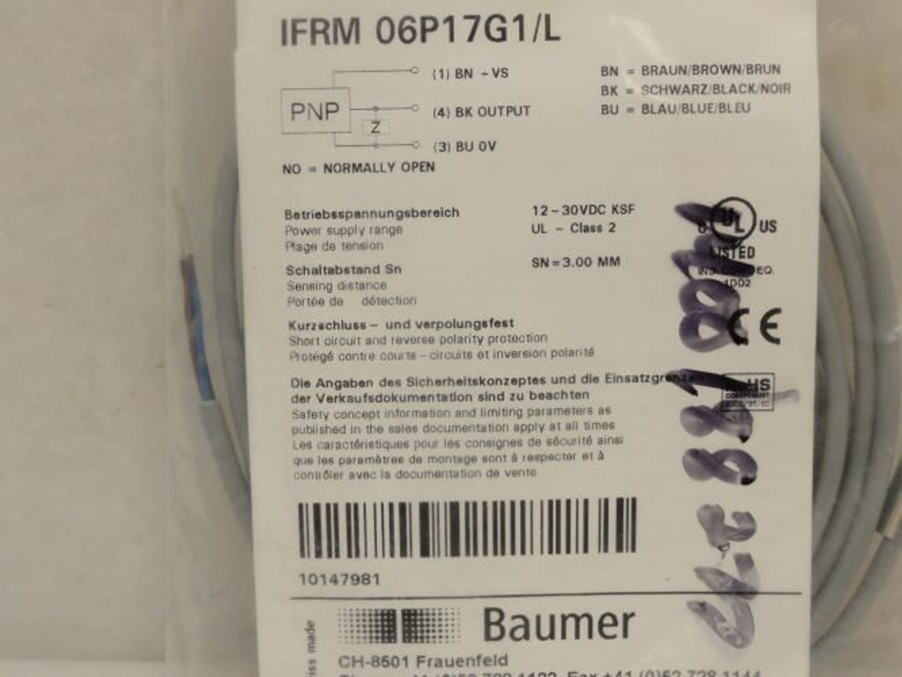Baumer IFRM 06P17G1/L; Inductive Proximity Sensor; 12-30VDC